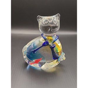 Vintage‎ Clear And Swirl Glass Cat Gold Fish Bowl Blue Paperweight Figure  4 In